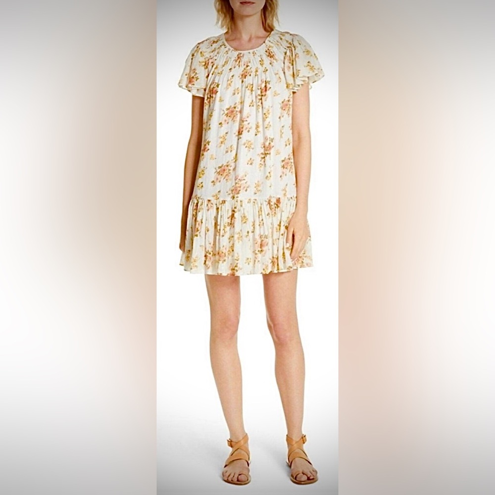 La Vie Rebecca Taylor Floral Ruffled Mini Dress Cotton Pink on Cream Size S